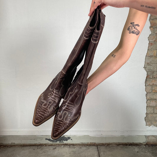 Vintage 2000's Cowboy Brown Boots with Snake leather and Embroidery Details (39)