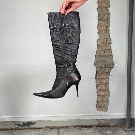 Vintage 2000's Night Out Black Knee High Stiletto Scrunched Boots with Pointy Toe (40)