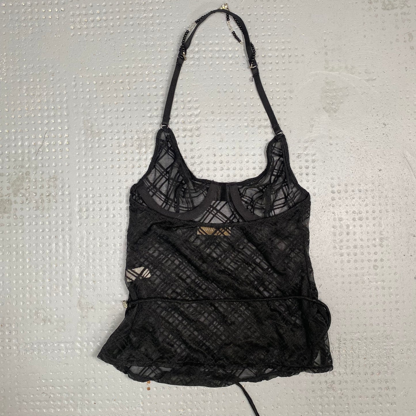 Vintage 2000's Punk Black Mesh Neckholder Top with Checkered Print Detail (S)