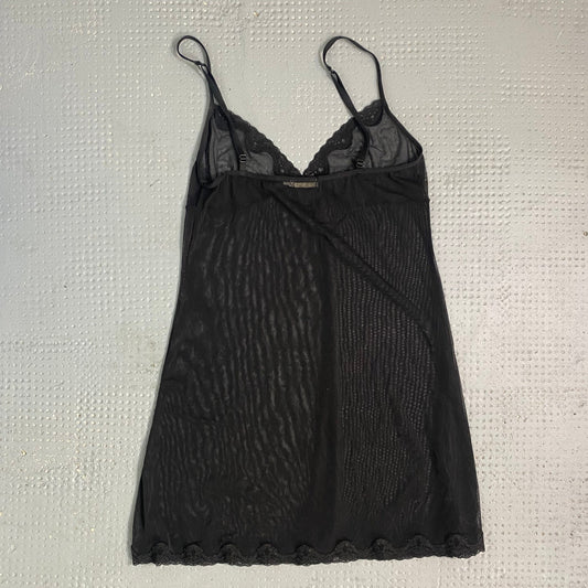 Vintage 2000's Coquette Black Mesh Slip Dress with Lace Work Detail (M)