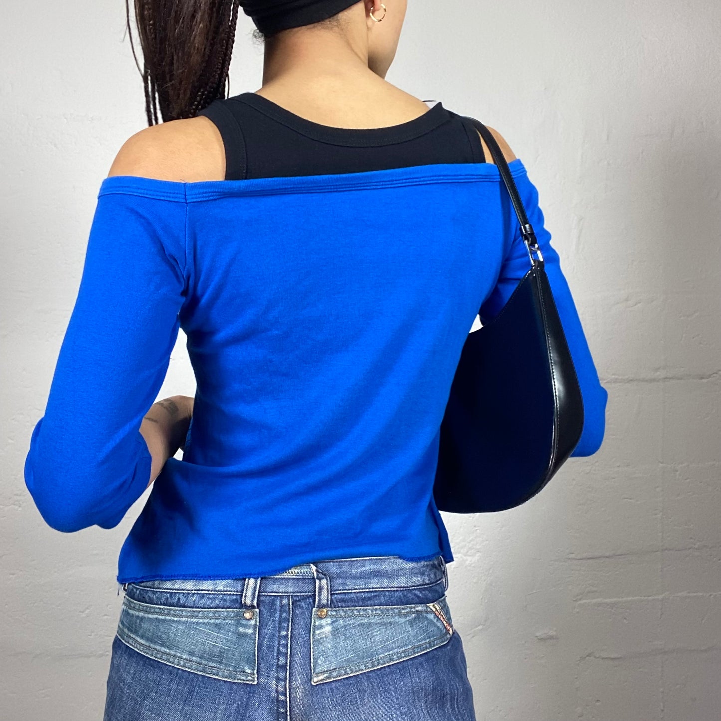 Vintage 2000's College Girl Electric Blue Layered Longsleeve Top with Girl Portrait Print (S)