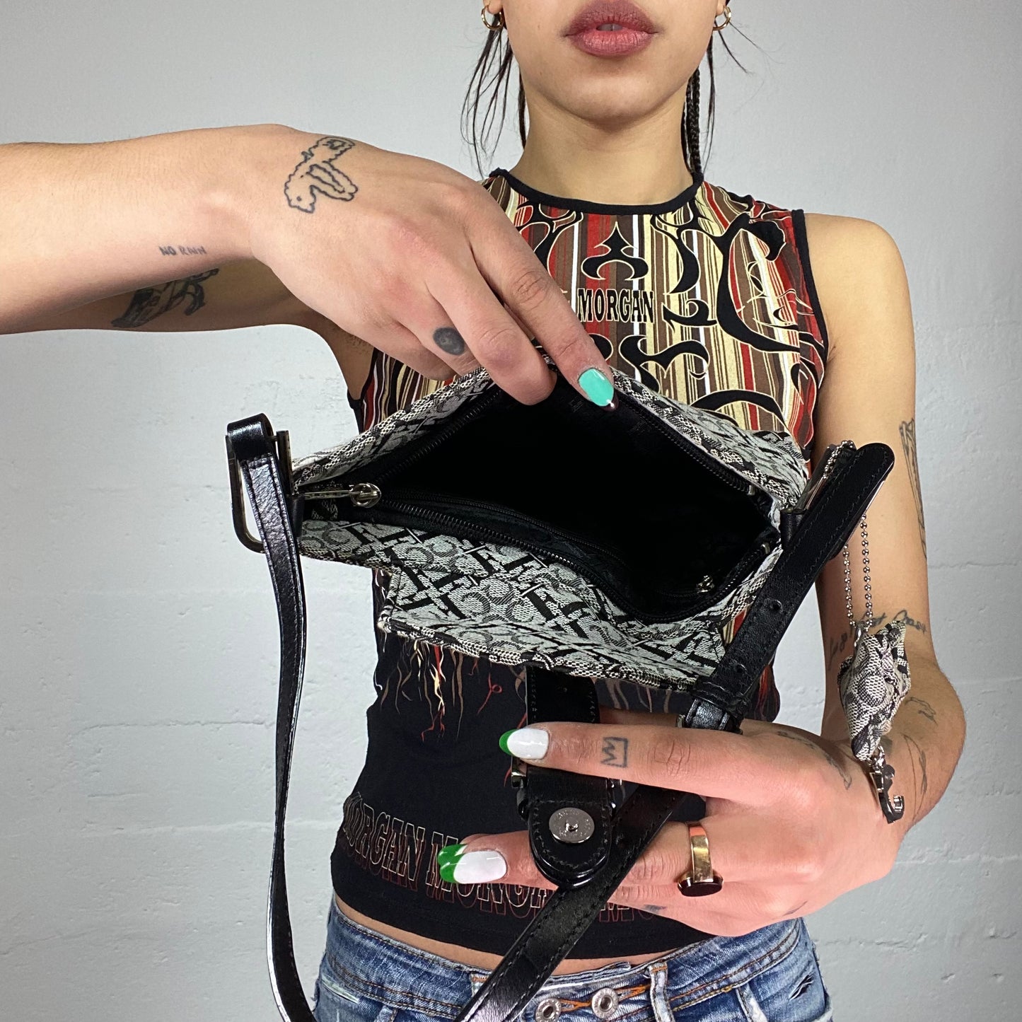 Vintage 90's Rachel Green Black Squared Shoulder Bag with Monogram Print