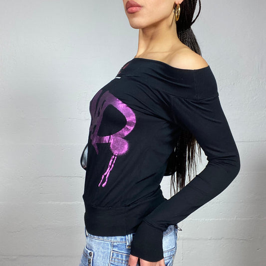 Vintage 2000's Clubwear Black Off Shoulder Longsleeve Top with Bright Fuchsia "Hard" Print (S)