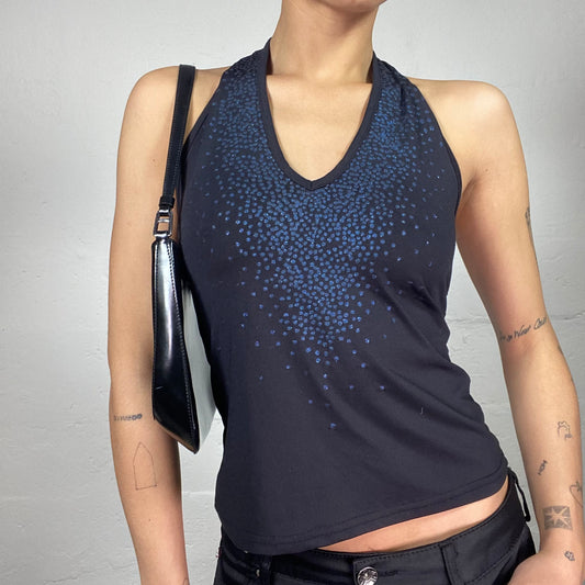 Vintage 2000's Clubwear Black Neckholder Top with Bright Blue Neckline Decoration (S/M)