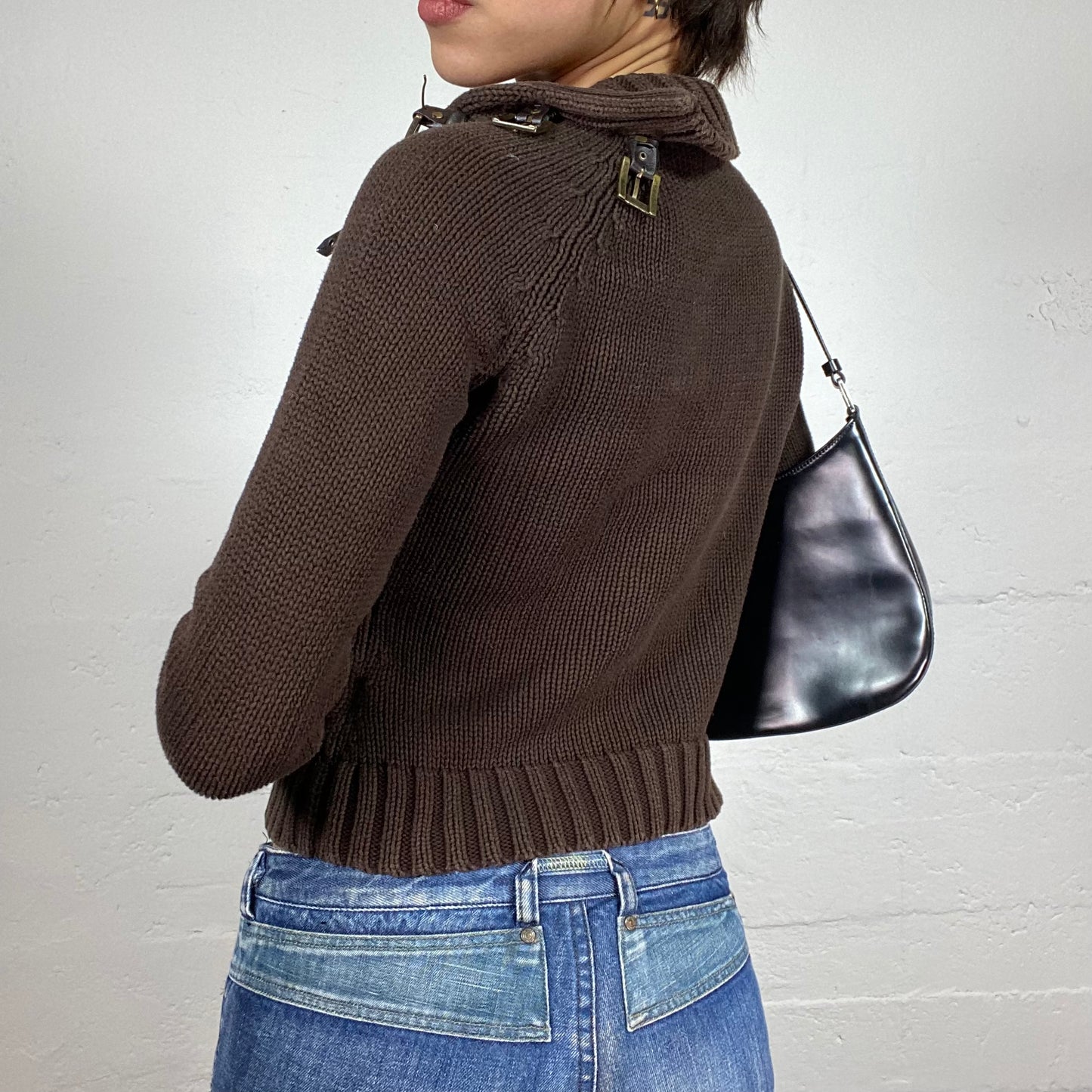 Vintage 2000's Fairy Brown Knitted Jumper with Belted Lace Up Detail (S/M)