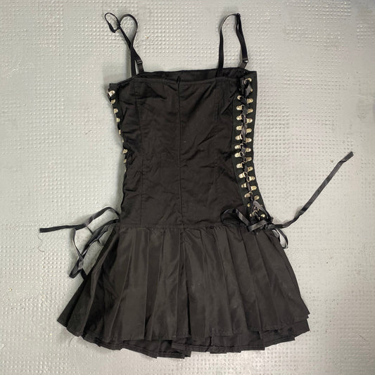 Vintage 2000's Coquette Black Mini Cargo Pleated Dress with Ribbon Detail (M)