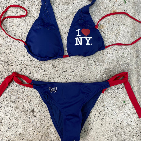 Vintage 2000's Funky Navy Blue and Red 'I Heart NY' Bikini (M)