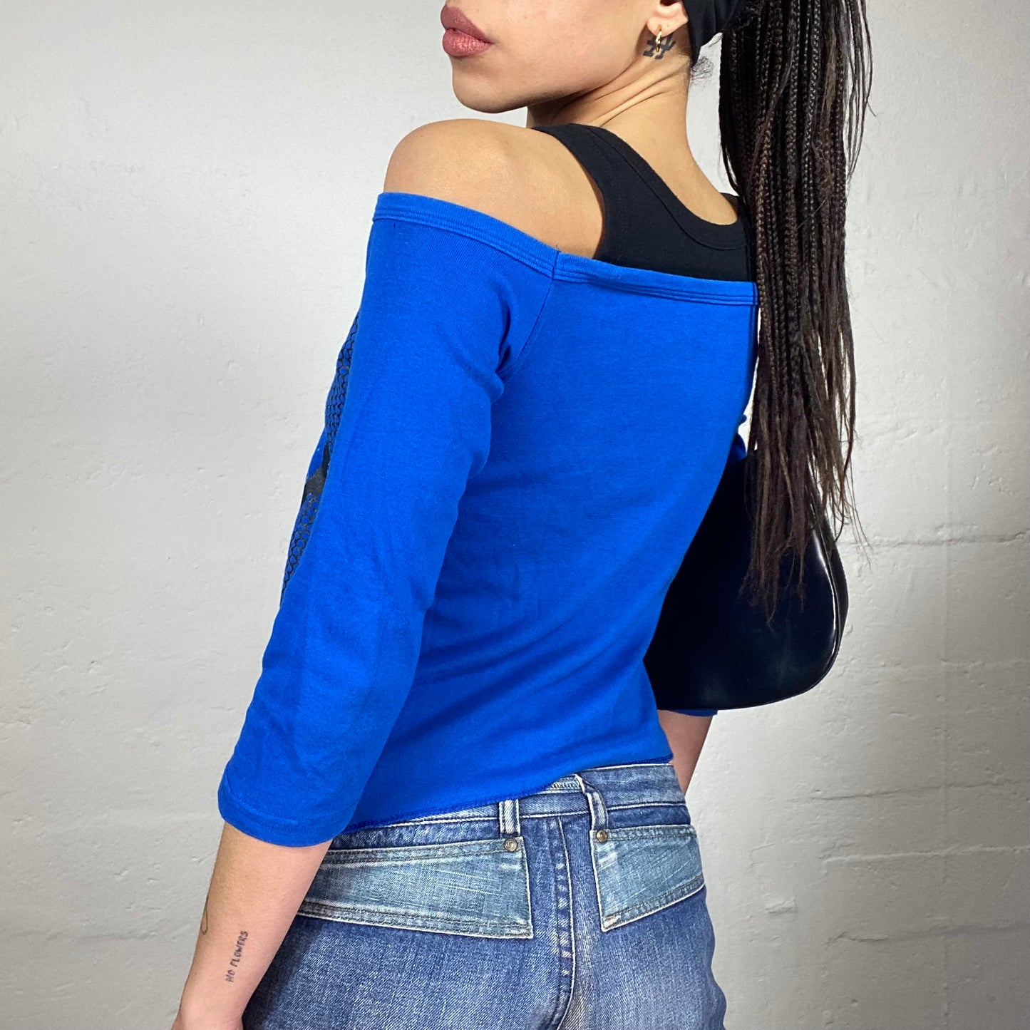 Vintage 2000's College Girl Electric Blue Layered Longsleeve Top with Girl Portrait Print (S)
