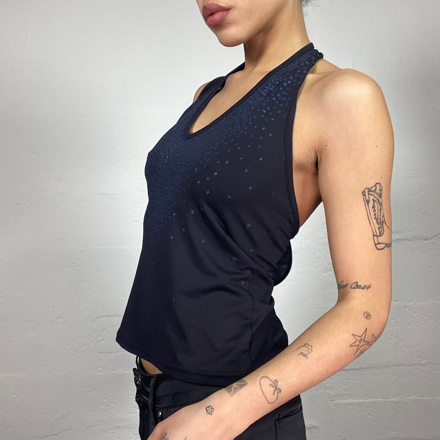 Vintage 2000's Clubwear Black Neckholder Top with Bright Blue Neckline Decoration (S/M)
