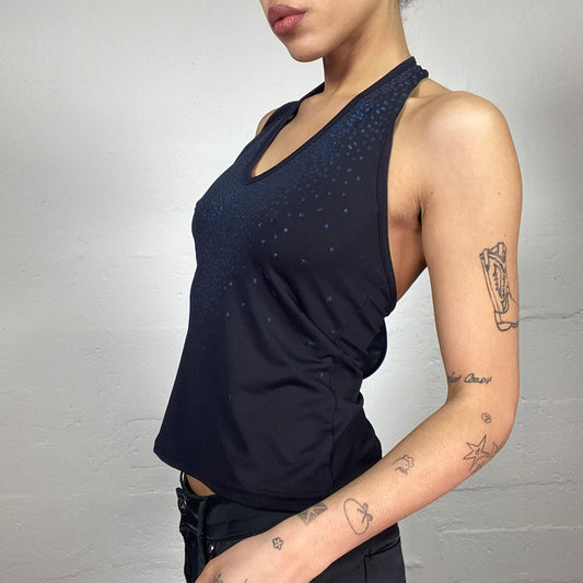 Vintage 2000's Clubwear Black Neckholder Top with Bright Blue Neckline Decoration (S/M)