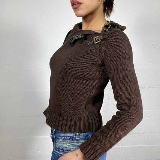 Vintage 2000's Fairy Brown Knitted Jumper with Belted Lace Up Detail (S/M)