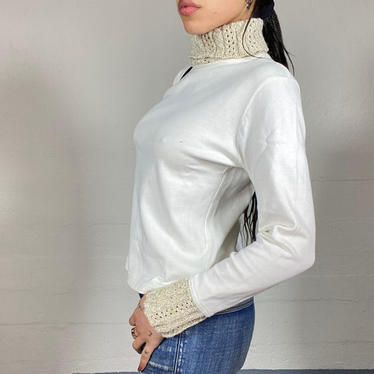 Vintage 90's Batik White Longsleeve Top with Beige Knitted Highneck and Sleeves Trims Detail (M)