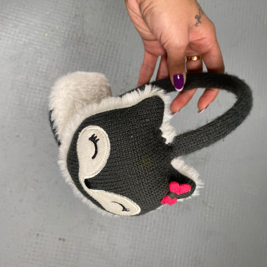 Vintage 200's Snow Princess Black Earmuffs with Kitty Print Detail