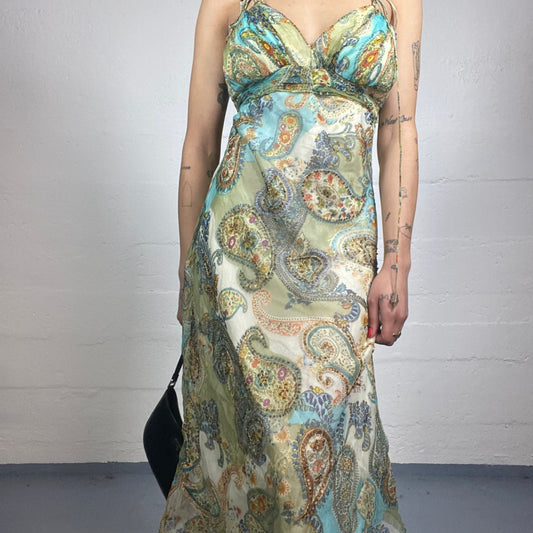 Vintage 90's Indie Turquoise Blue Maxi Paisley Print Dress (M)