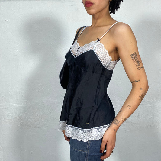 Vintage 2000's Coquette Black Satin Clam Top with White Lace Trim (S/M)