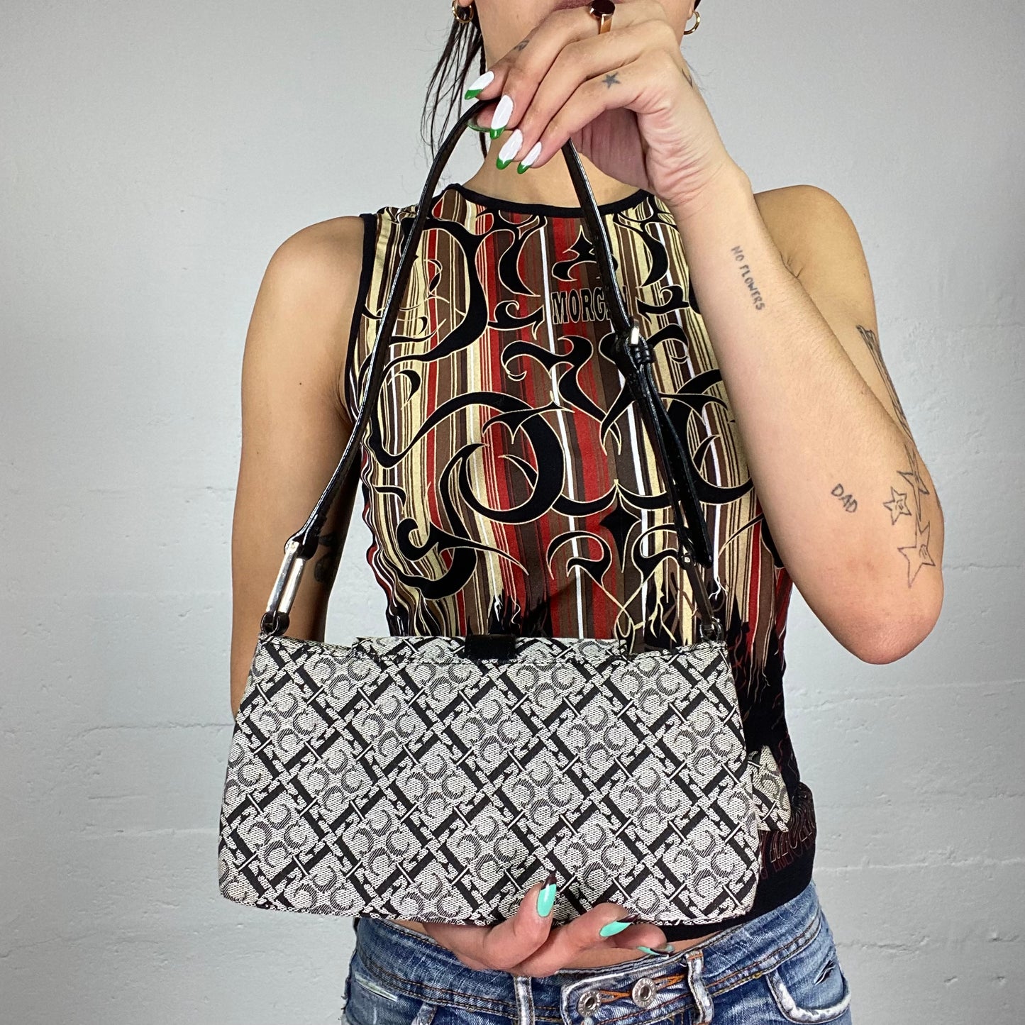 Vintage 90's Rachel Green Black Squared Shoulder Bag with Monogram Print