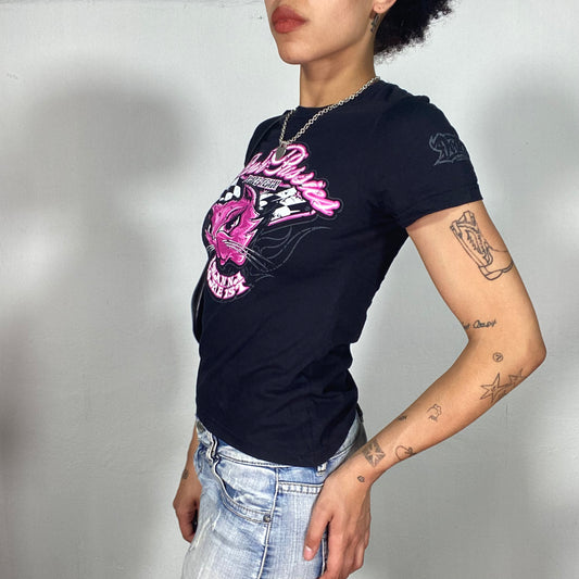 Vintage 2000's Streetstyle Black Baby Tee with 'Pink Pussies Race Team' Print (S)