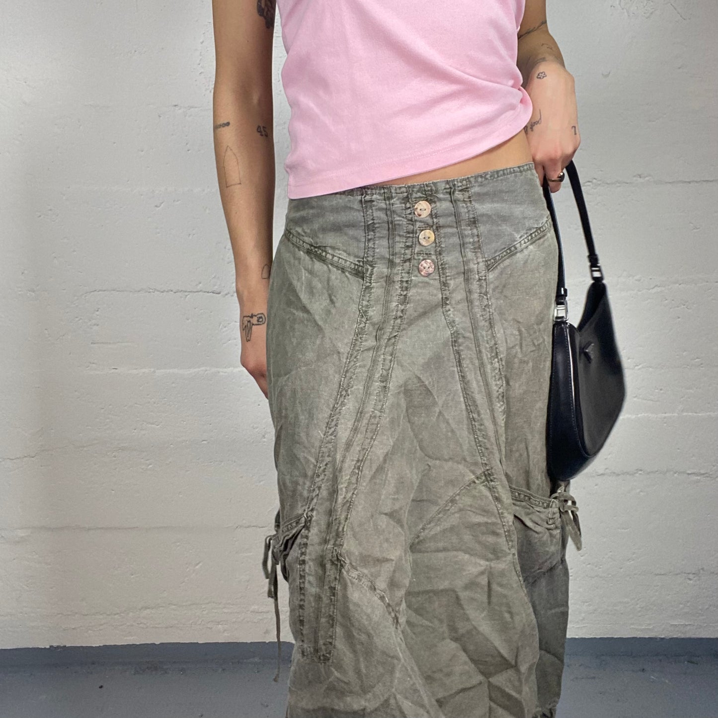 Vintage 2000's Archive Denim Grey/Khaki Washed Out Cargo Skirt with Buttons Detail (S/M)