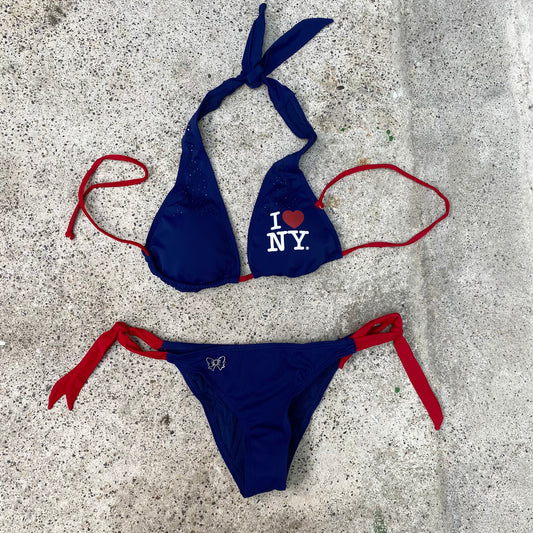 Vintage 2000's Funky Navy Blue and Red 'I Heart NY' Bikini (M)