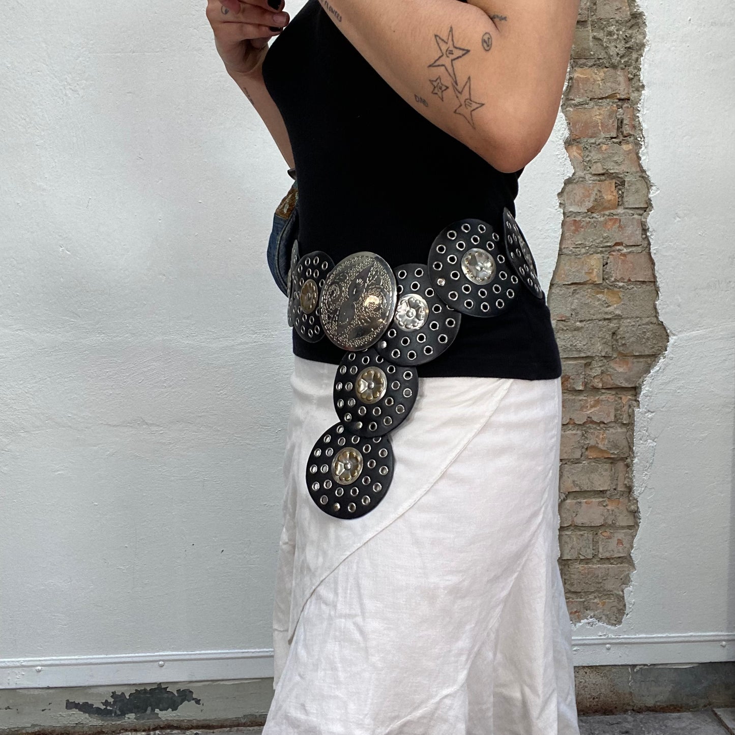 Vintage 90's Black Chunky Disc Belt with Silver Stud Details