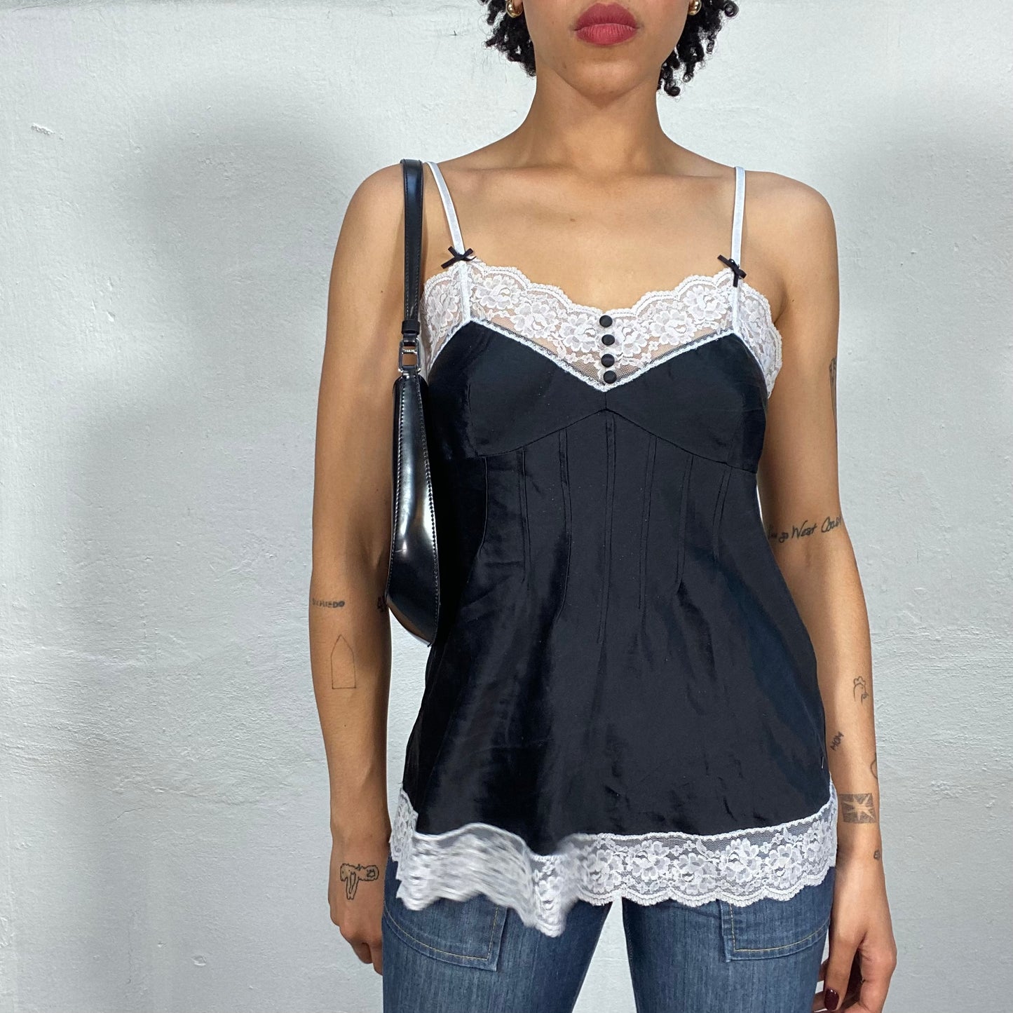 Vintage 2000's Coquette Black Satin Clam Top with White Lace Trim (S/M)
