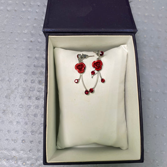 Vintage 90's Romantic Silver and Red Roses Charms Dropped Necklace & Matching Earrings