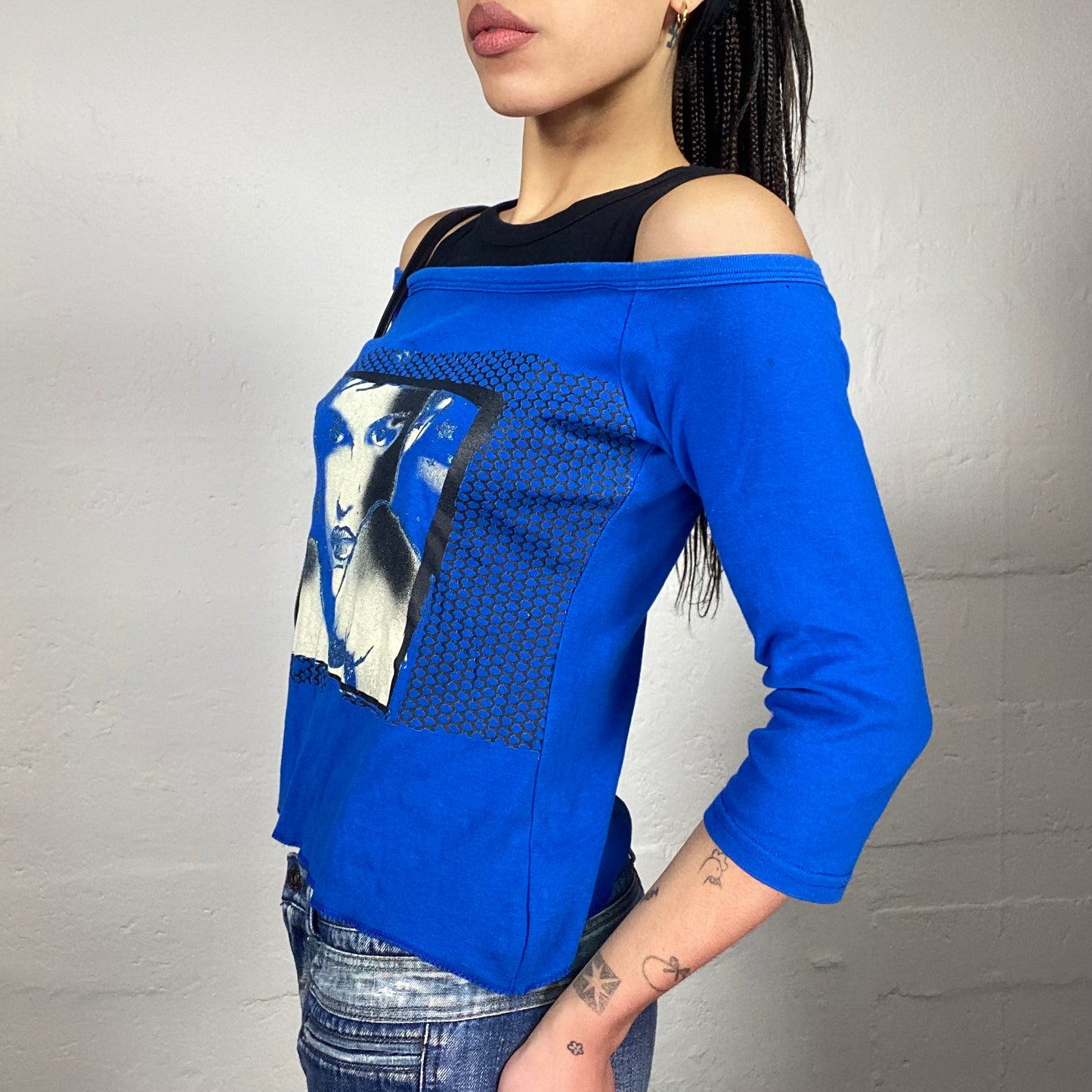 Vintage 2000's College Girl Electric Blue Layered Longsleeve Top with Girl Portrait Print (S)