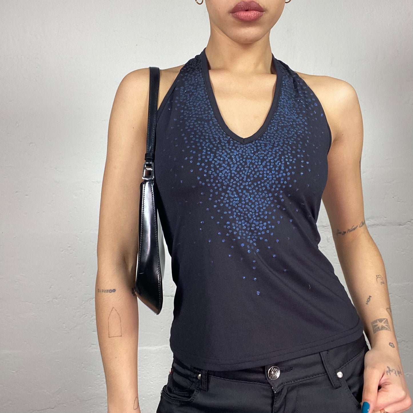 Vintage 2000's Clubwear Black Neckholder Top with Bright Blue Neckline Decoration (S/M)