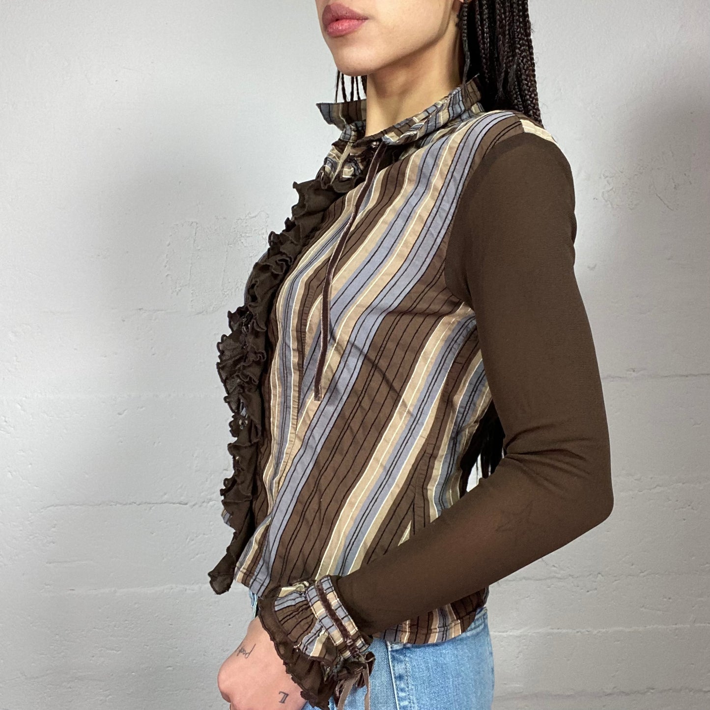 Vintage 90's Downtown Girl Brown Button Up Shirt with Stripes Print (S/M)