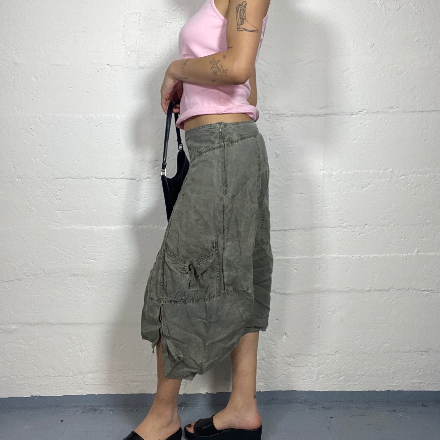 Vintage 2000's Archive Denim Grey/Khaki Washed Out Cargo Skirt with Buttons Detail (S/M)