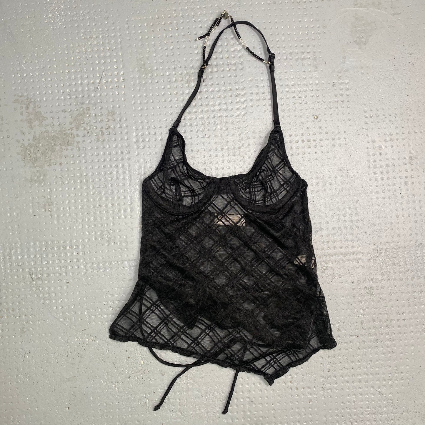 Vintage 2000's Punk Black Mesh Neckholder Top with Checkered Print Detail (S)