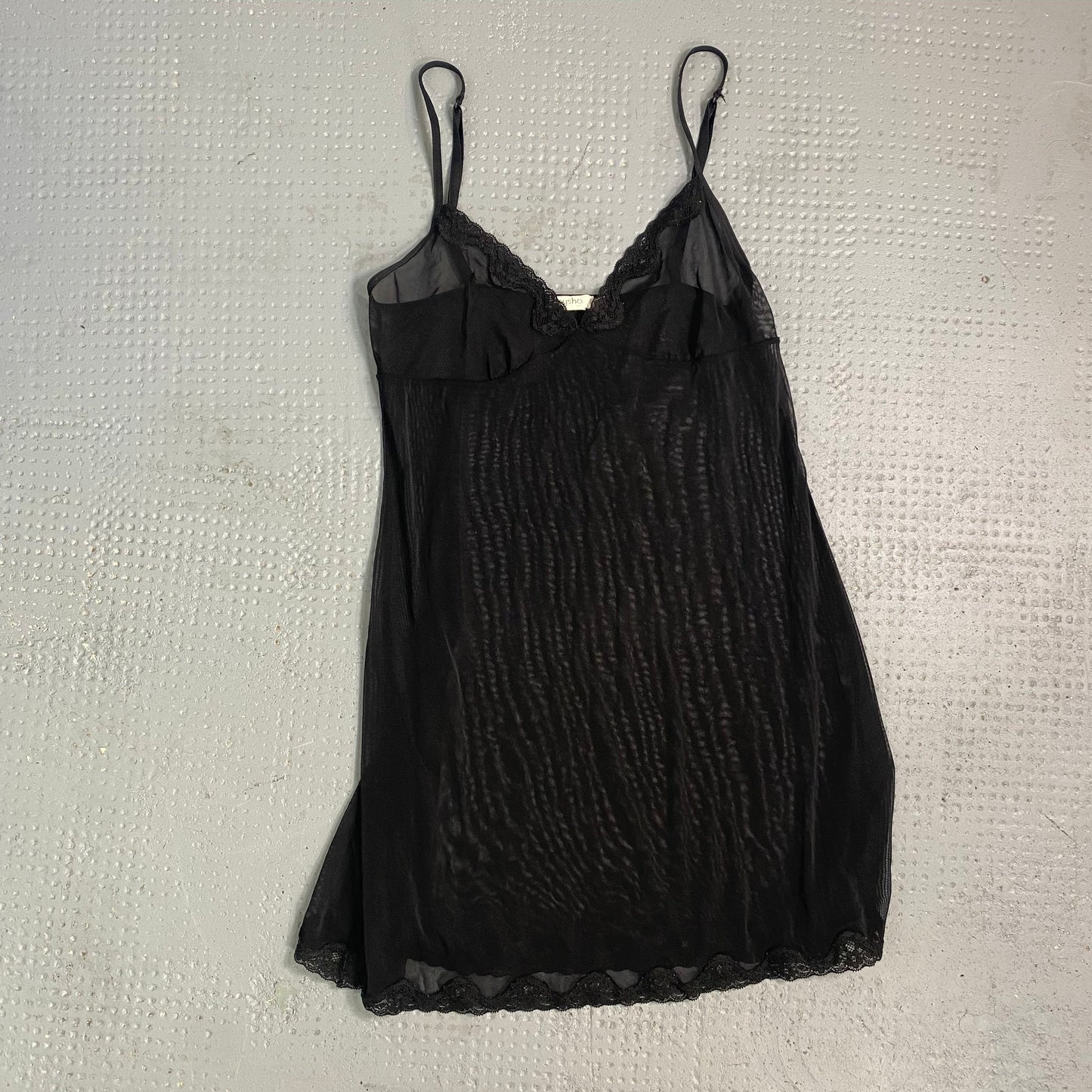 Vintage 2000's Coquette Black Mesh Slip Dress with Lace Work Detail (M)