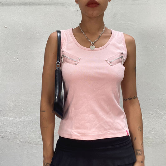 Vintage 2000's Cyber Soft Girl Pink Tank Top with Zipper Details (S)