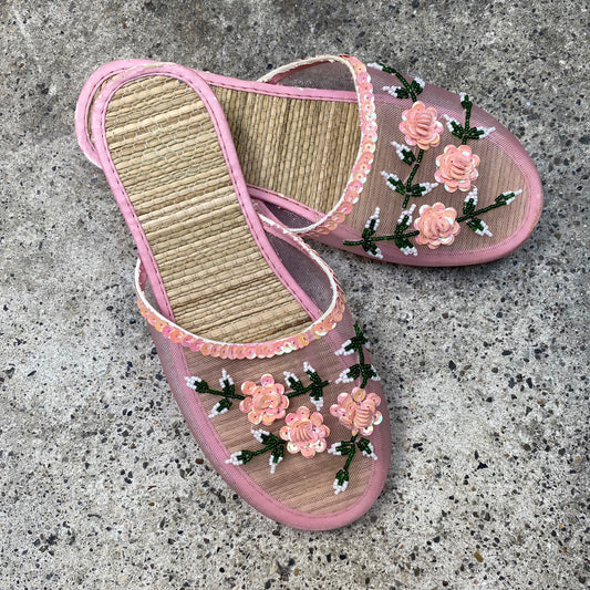 Vintage 2000's Summer Pink Transparent Slip Sandal with Sequin Rosette Detail (36)