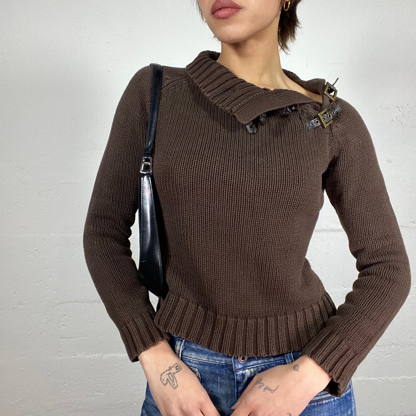 Vintage 2000's Fairy Brown Knitted Jumper with Belted Lace Up Detail (S/M)