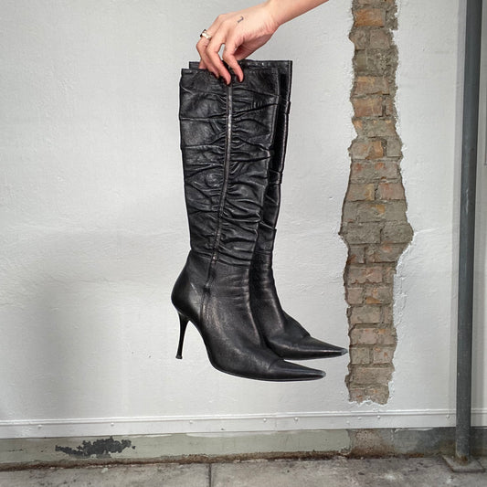Vintage 2000's Night Out Black Knee High Stiletto Scrunched Boots with Pointy Toe (40)