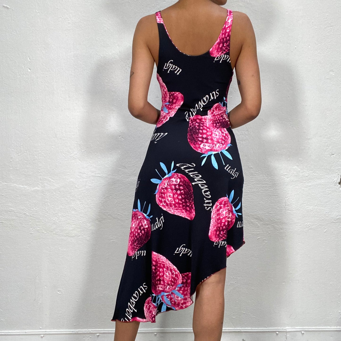 Vintage 2000's Funky Black Midi Dress with Strawberry Print and Asymmetric Hem (S)