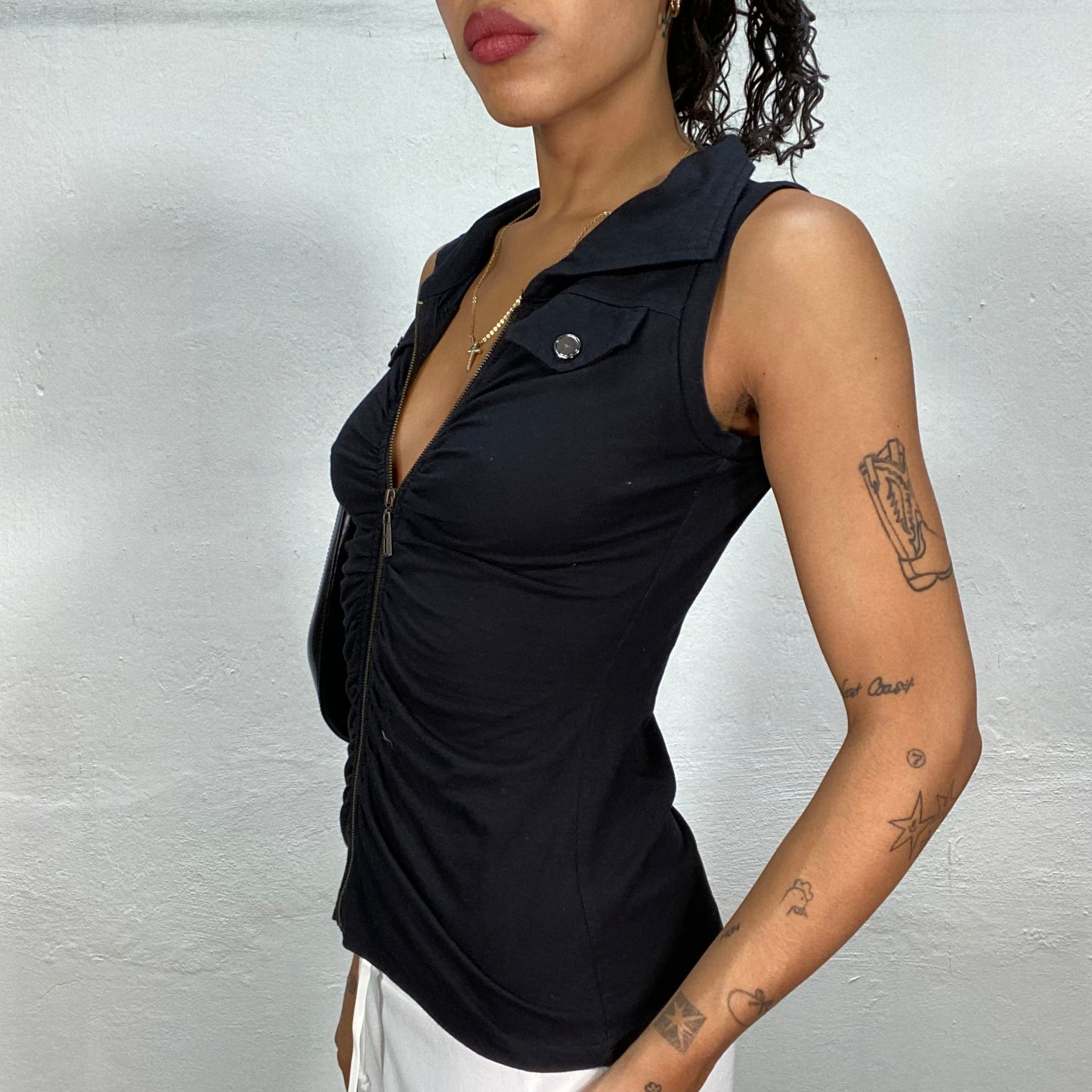 Vintage 2000's Cyber Black Cargo Vest Top with Zip Up and Pocket Detail (S)