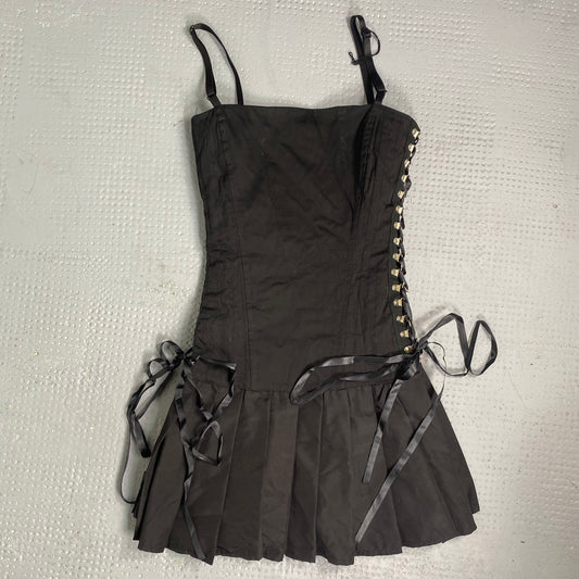 Vintage 2000's Coquette Black Mini Cargo Pleated Dress with Ribbon Detail (M)