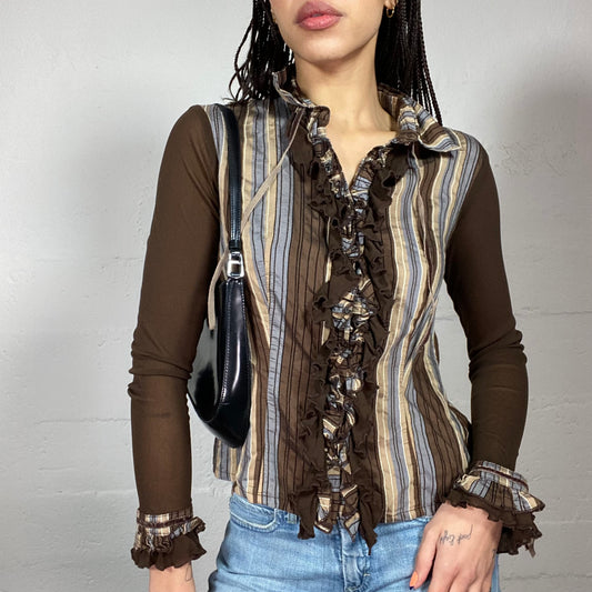 Vintage 90's Downtown Girl Brown Button Up Shirt with Stripes Print (S/M)