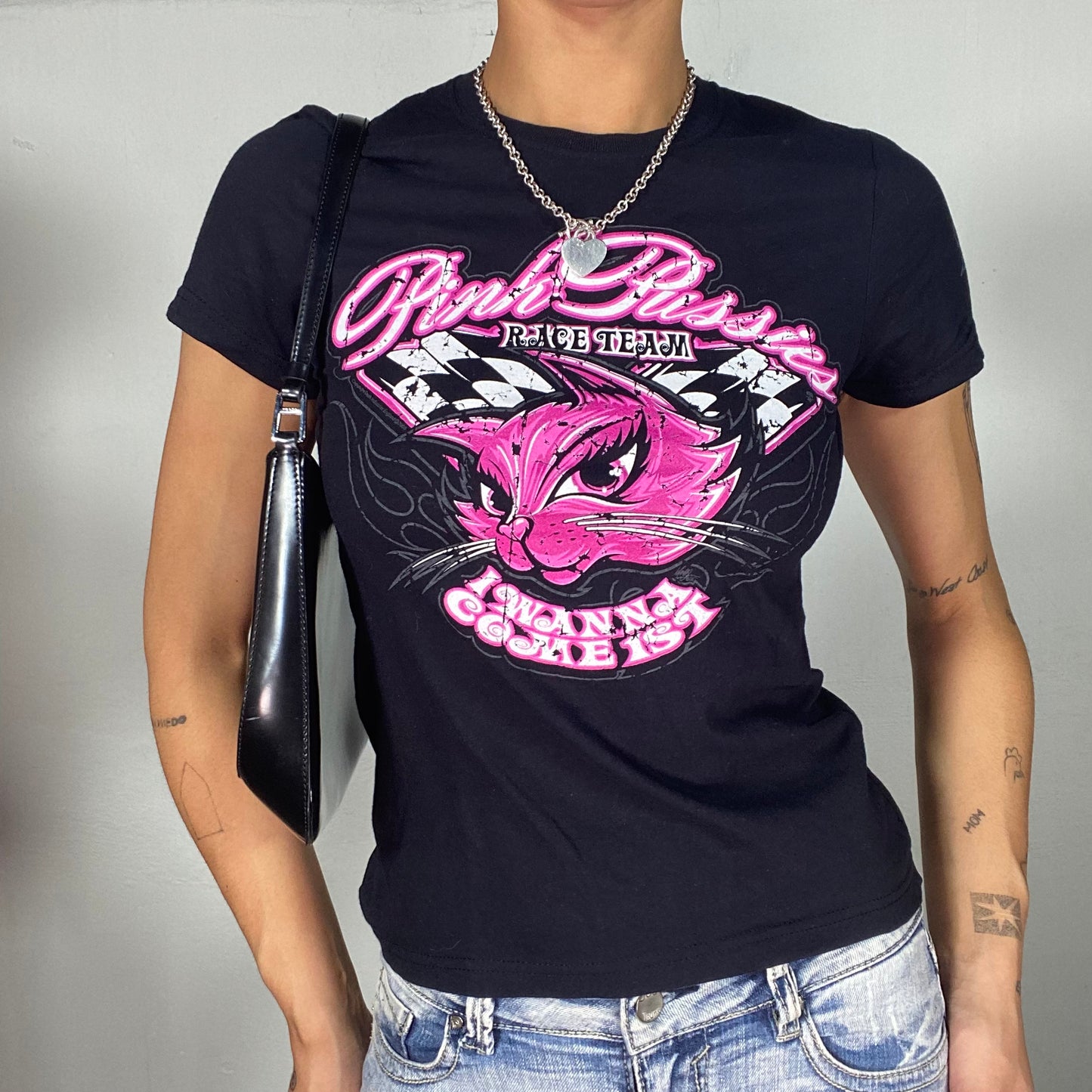 Vintage 2000's Streetstyle Black Baby Tee with 'Pink Pussies Race Team' Print (S)