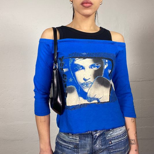 Vintage 2000's College Girl Electric Blue Layered Longsleeve Top with Girl Portrait Print (S)