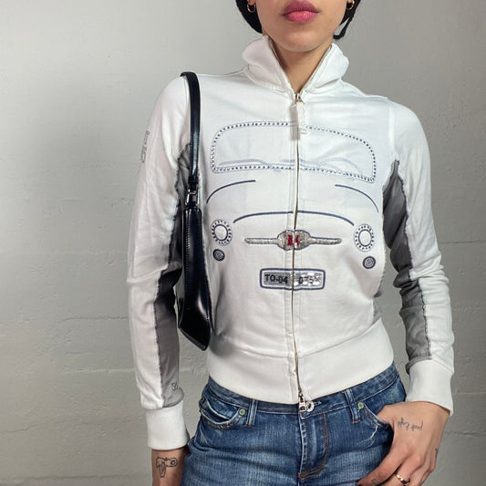 Vintage 2000's Sporty White Zip Up Jacket with Truck Stras Print Detail (S/M)