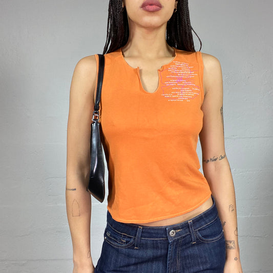 Vintage 2000's Sporty Orange Top with White Typography and Hibiscus Print (S)