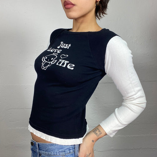Vintage 2000's Downtown Girl Black Longsleeve Top with Angel "Just Love Me" Print (S)