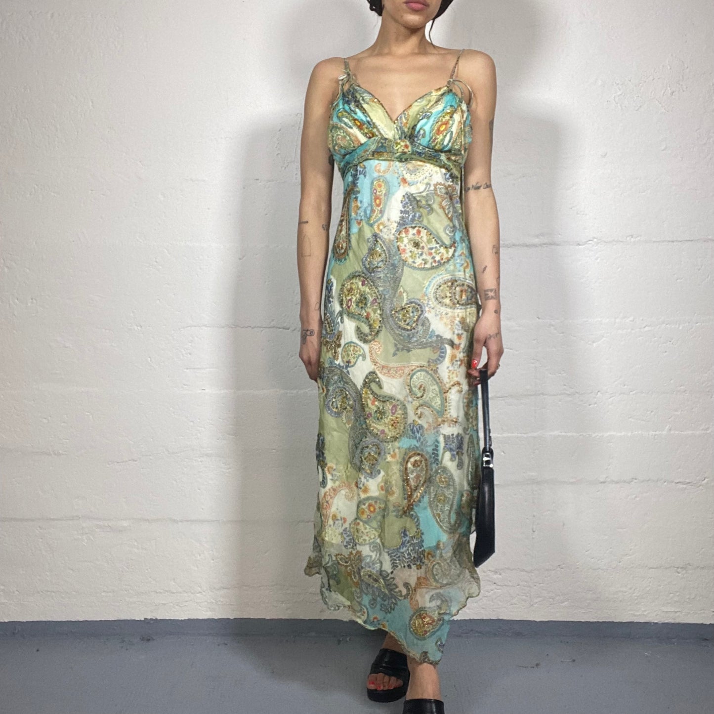 Vintage 90's Indie Turquoise Blue Maxi Paisley Print Dress (M)