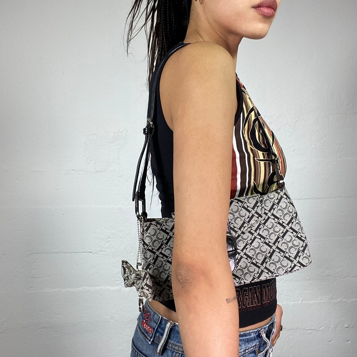 Vintage 90's Rachel Green Black Squared Shoulder Bag with Monogram Print