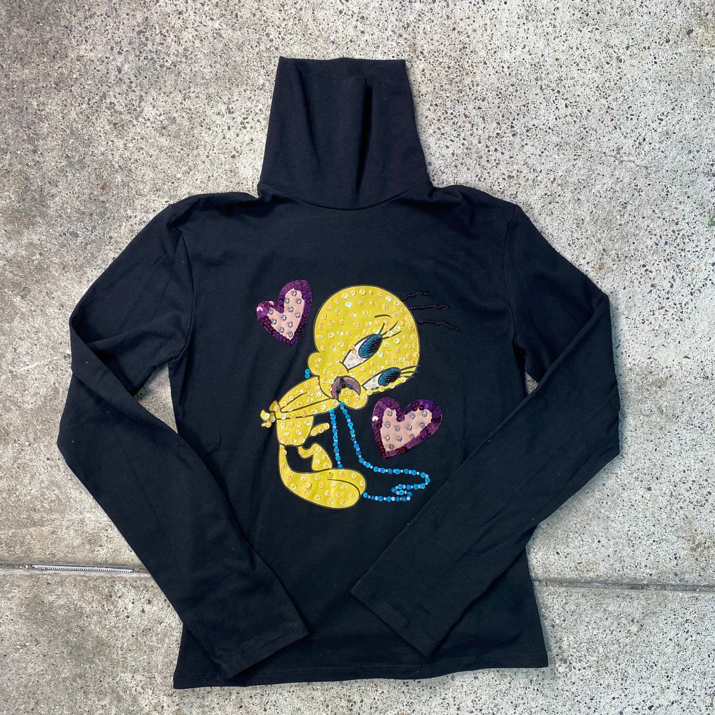 Vintage 2000's Cute Tweety Black Turtleneck Longsleeve with Rhinestones and Sequin Detail(S)