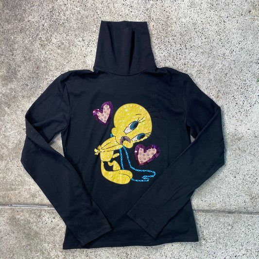 Vintage 2000's Cute Tweety Black Turtleneck Longsleeve with Rhinestones and Sequin Detail(S)