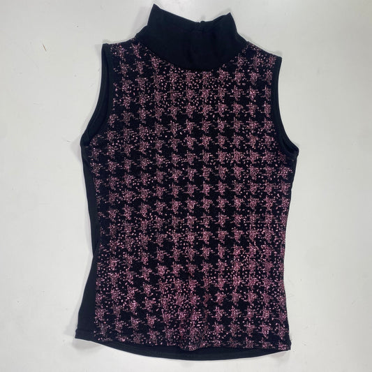 Vintage 90's Downtown Girl Black Highneck Vest Top with Pink Glitter Houndstooth Check Print (XS/S)